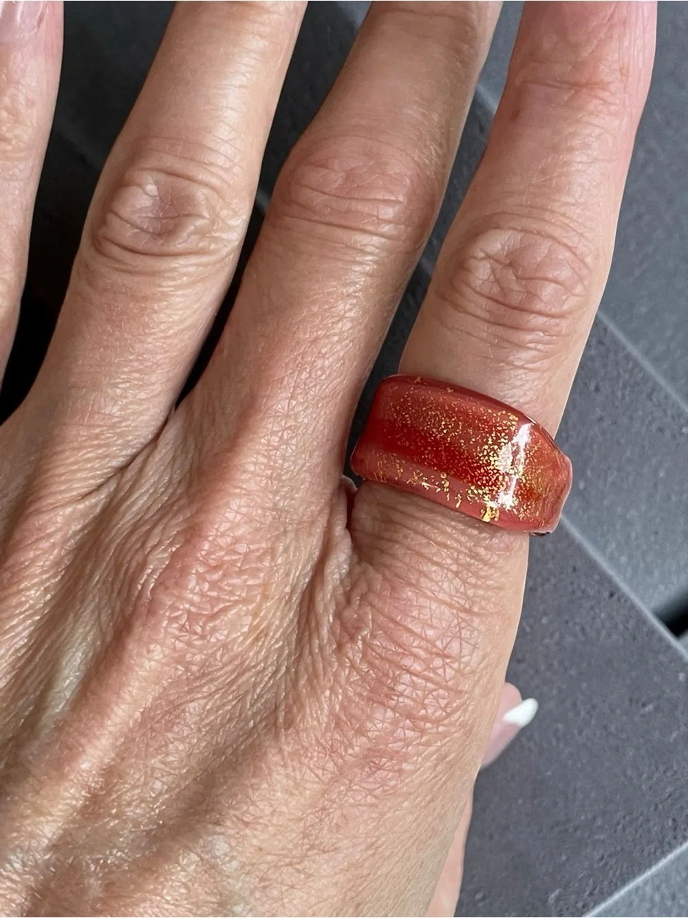 Vintage Translucent Orange Glitter Resin Statement Ring Size 7